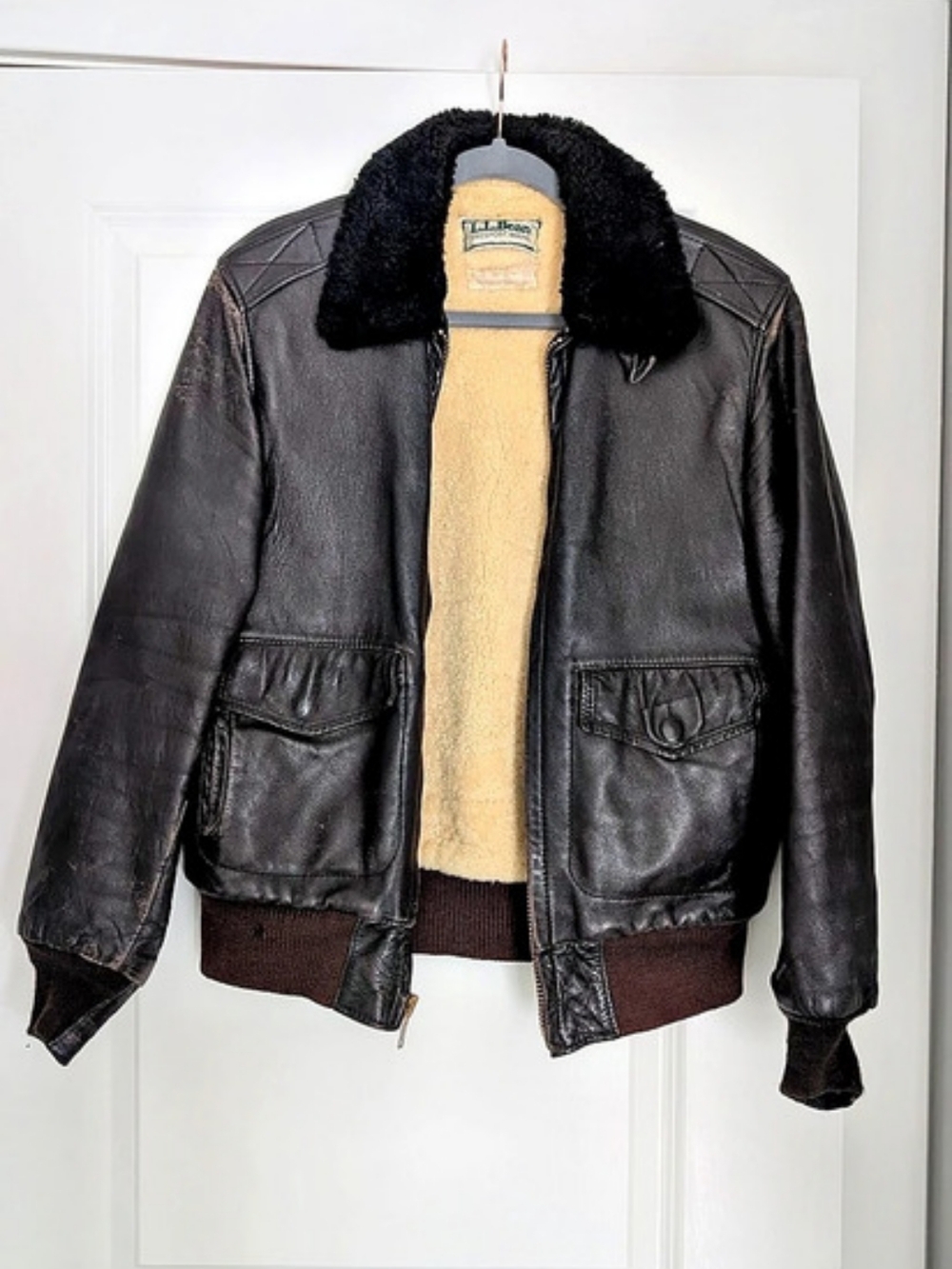 LL Bean Leather Shearling Bomber Jacket